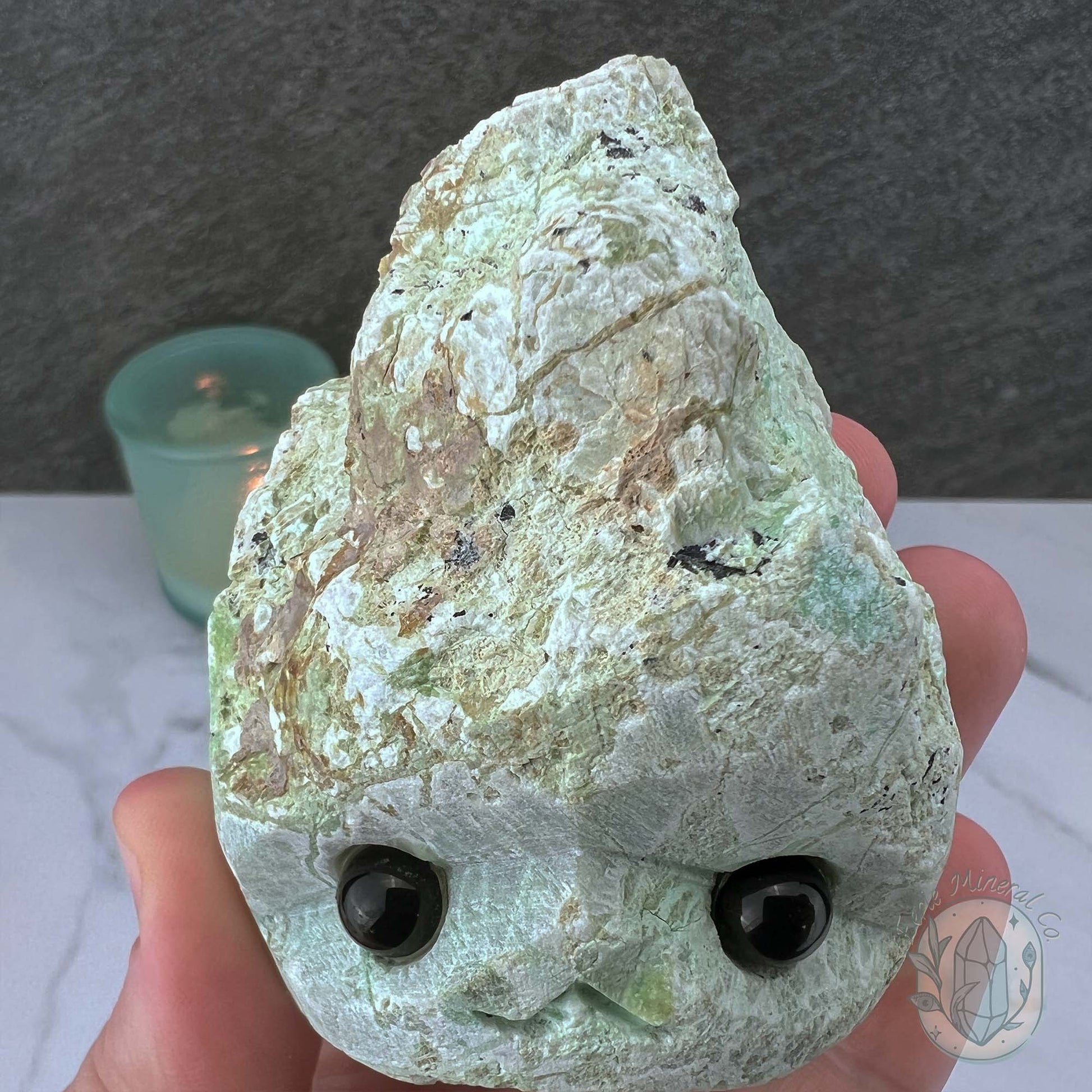 Green Moonstone with Black Tourmaline Hedgehog Specimen