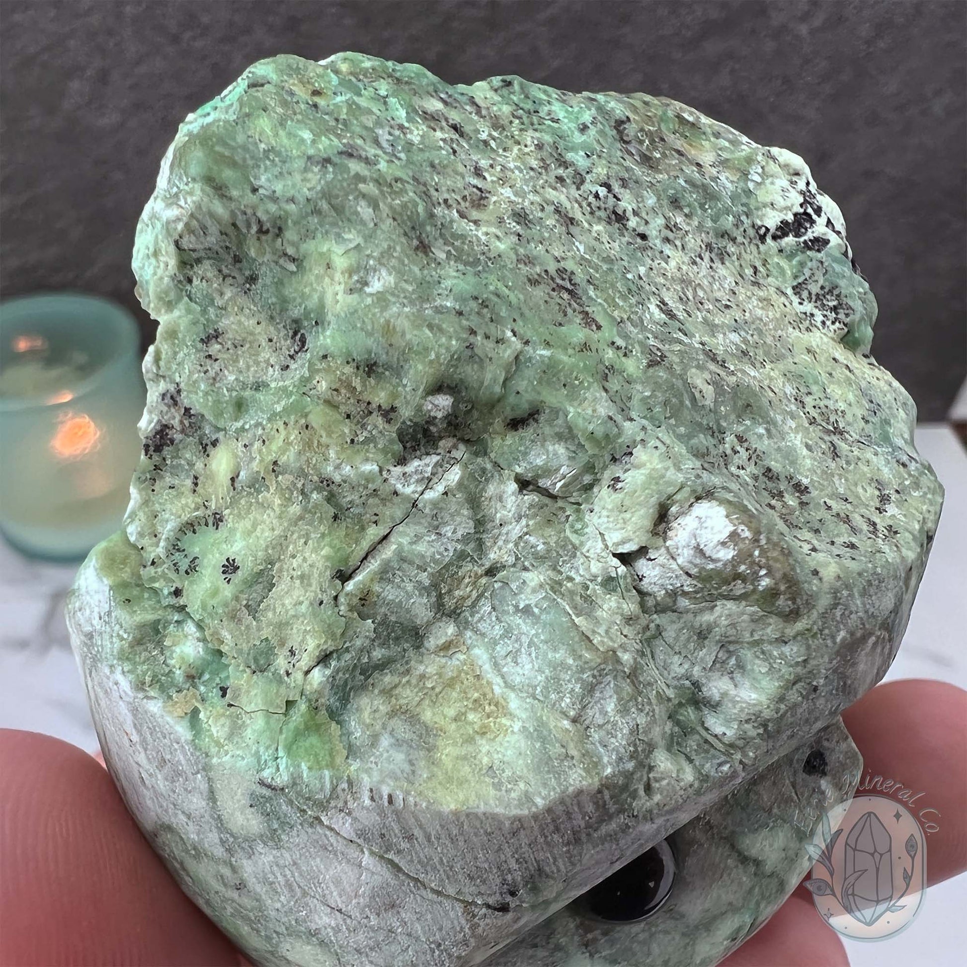 Green Moonstone with Black Tourmaline Hedgehog Specimen
