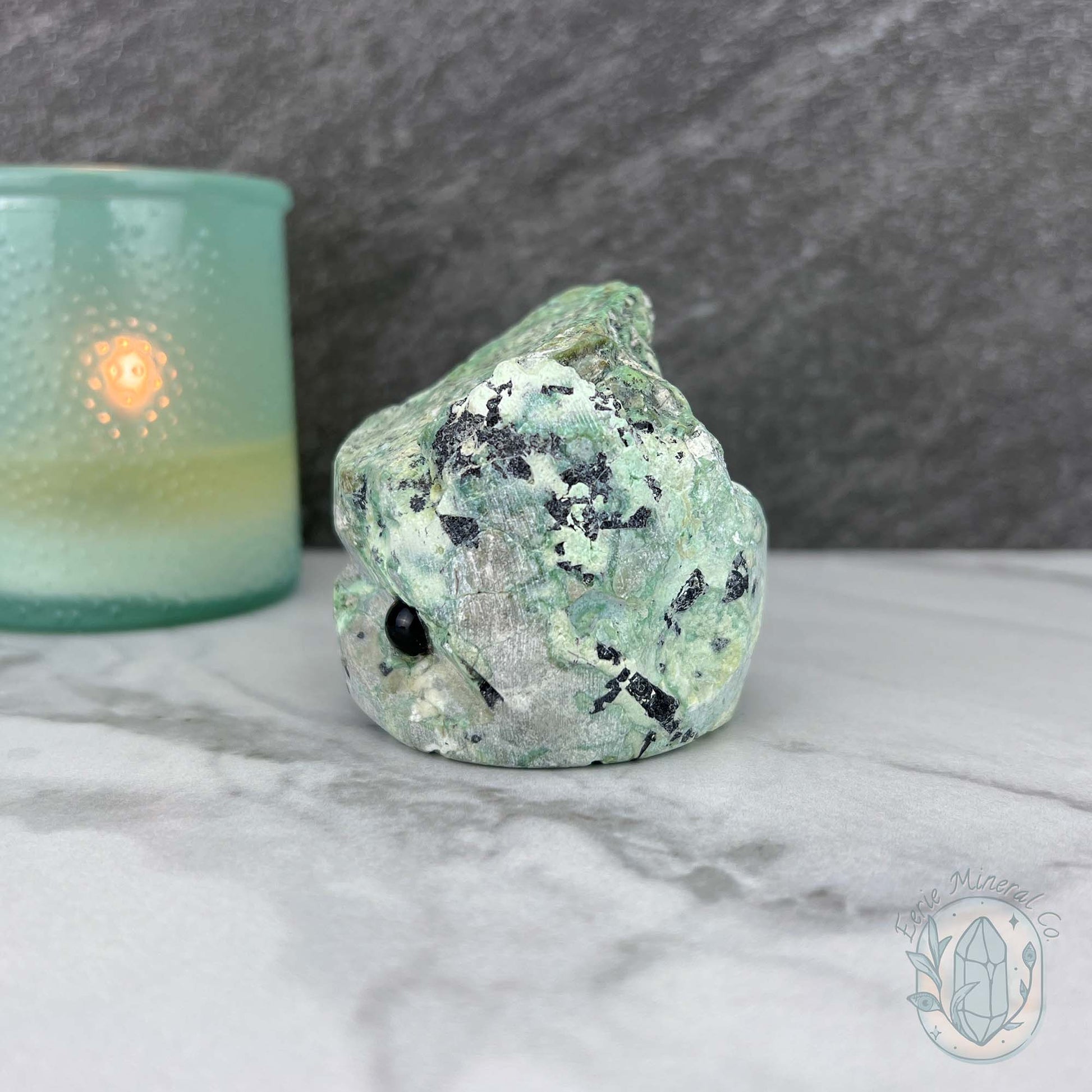 Green Moonstone with Black Tourmaline Hedgehog Specimen