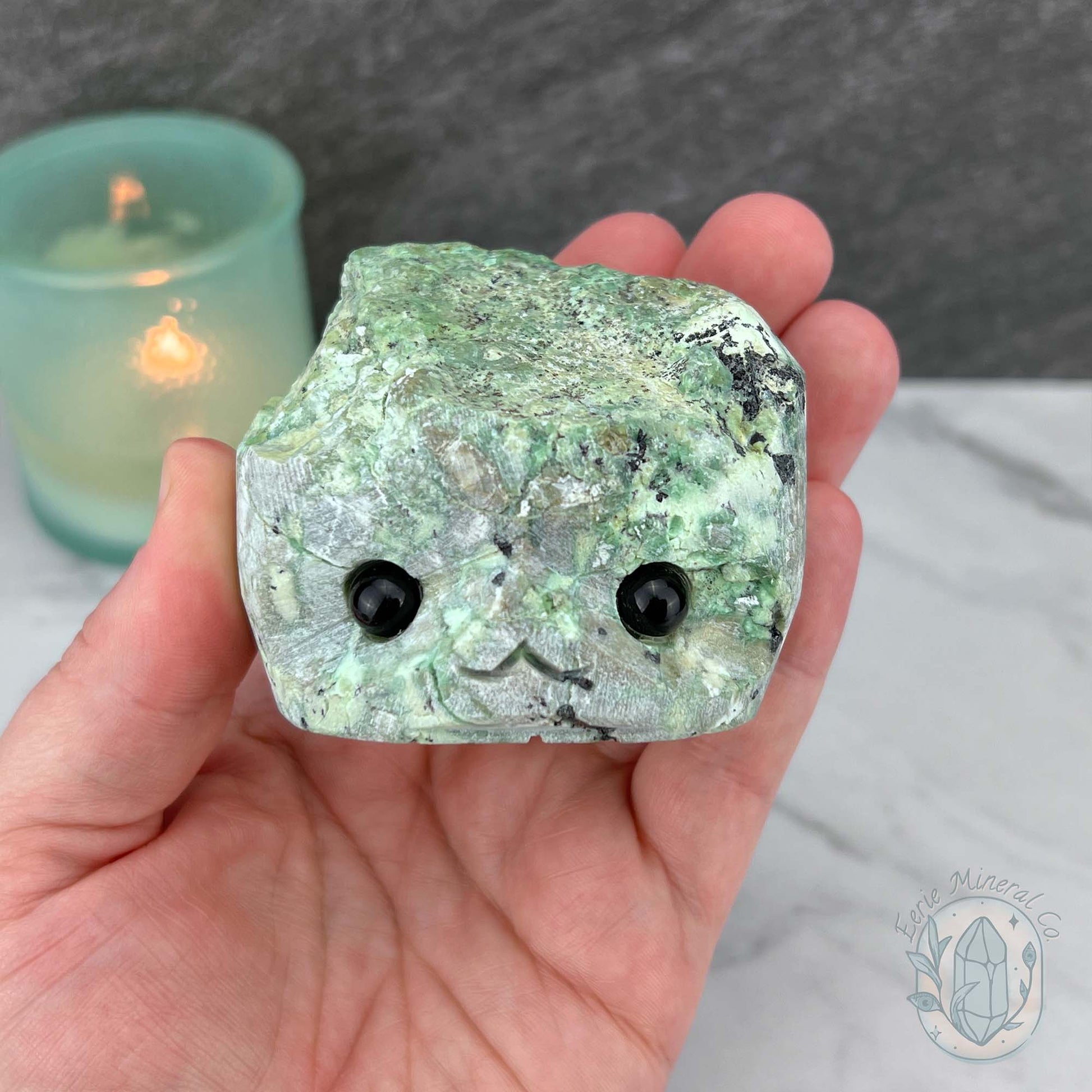 Green Moonstone with Black Tourmaline Hedgehog Specimen