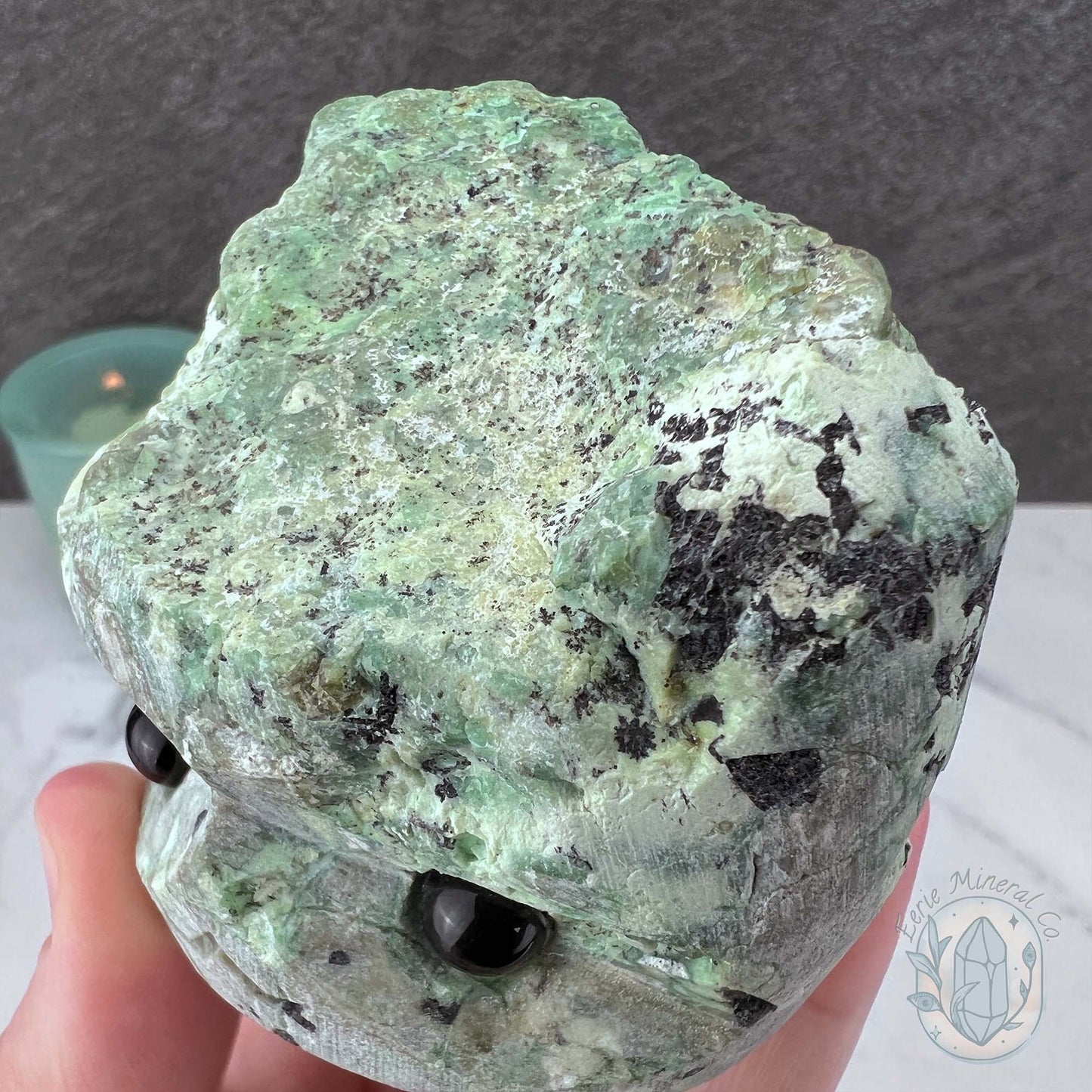Green Moonstone with Black Tourmaline Hedgehog Specimen