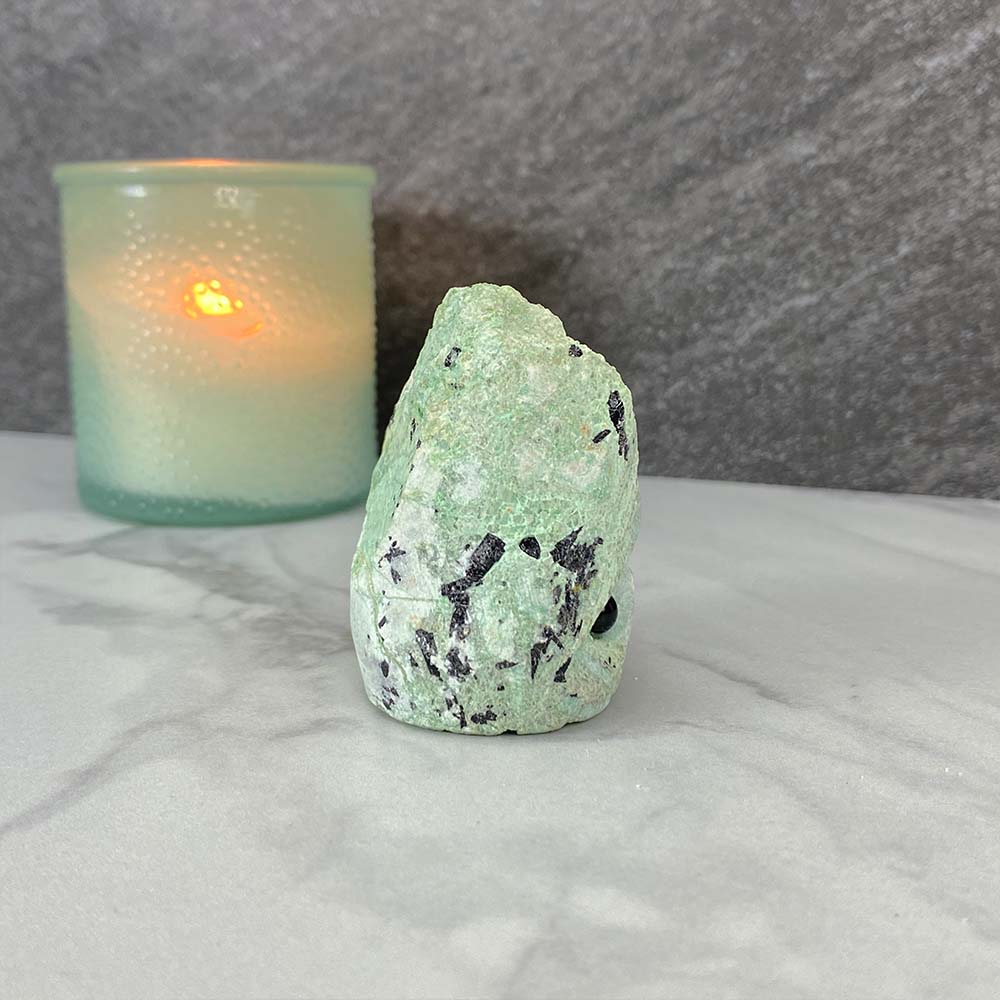 Green Moonstone with Black Tourmaline Hedgehog Carving