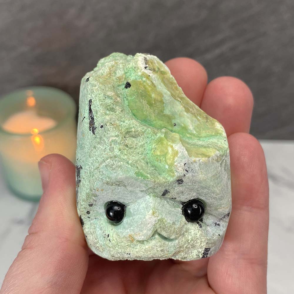 Green Moonstone with Black Tourmaline Hedgehog Carving