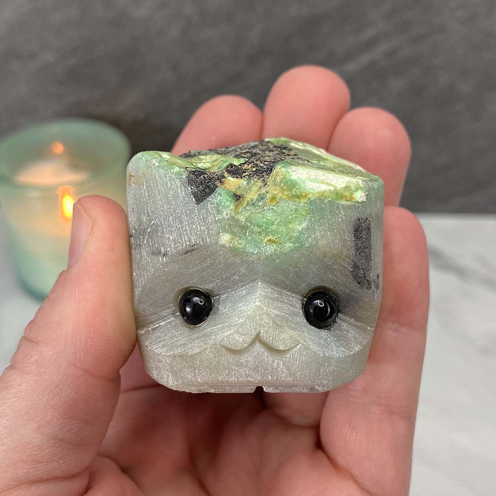 Green Moonstone with Black Tourmaline Hedgehog Carving