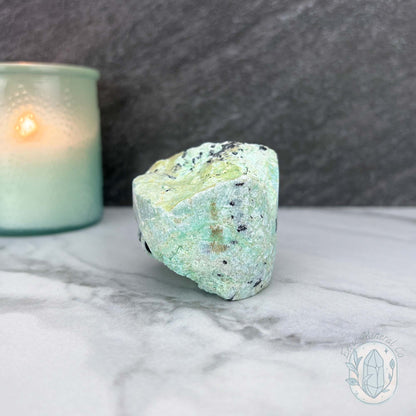 Green Moonstone with Black Tourmaline Hedgehog Specimen