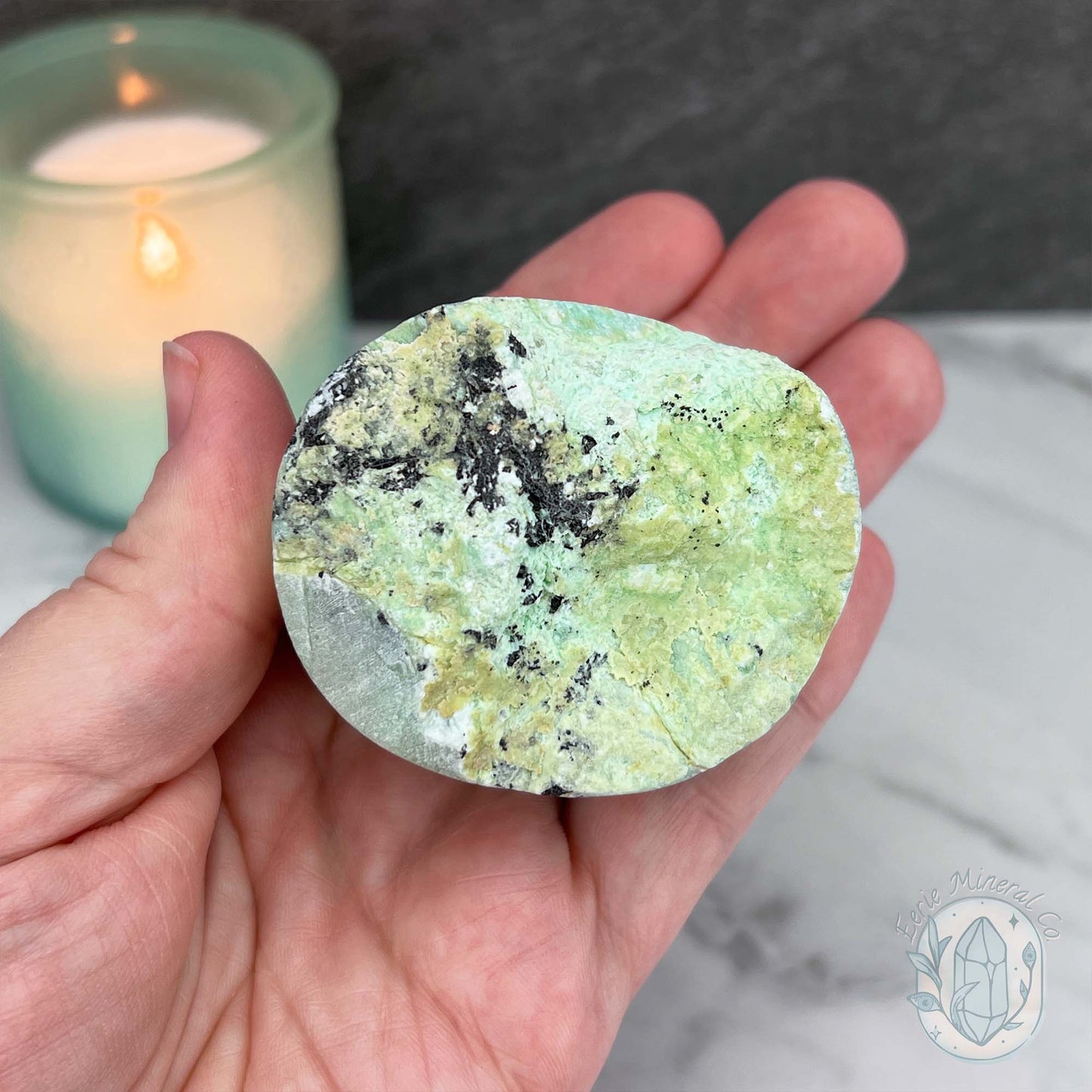 Green Moonstone with Black Tourmaline Hedgehog Specimen