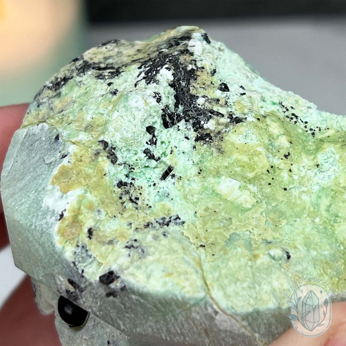 Green Moonstone with Black Tourmaline Hedgehog Specimen