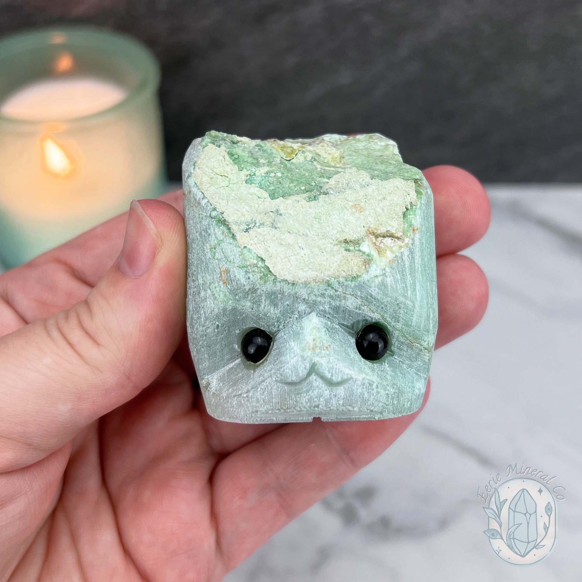 Green Moonstone with Black Tourmaline Hedgehog Specimen