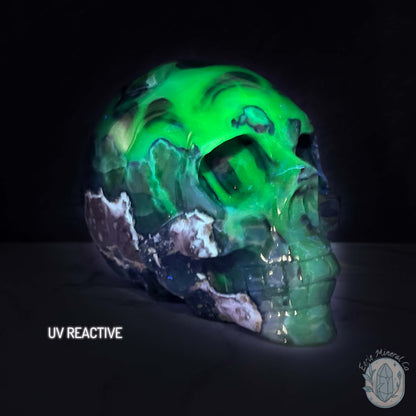 Large Green UV Reactive Agate Skull Carving