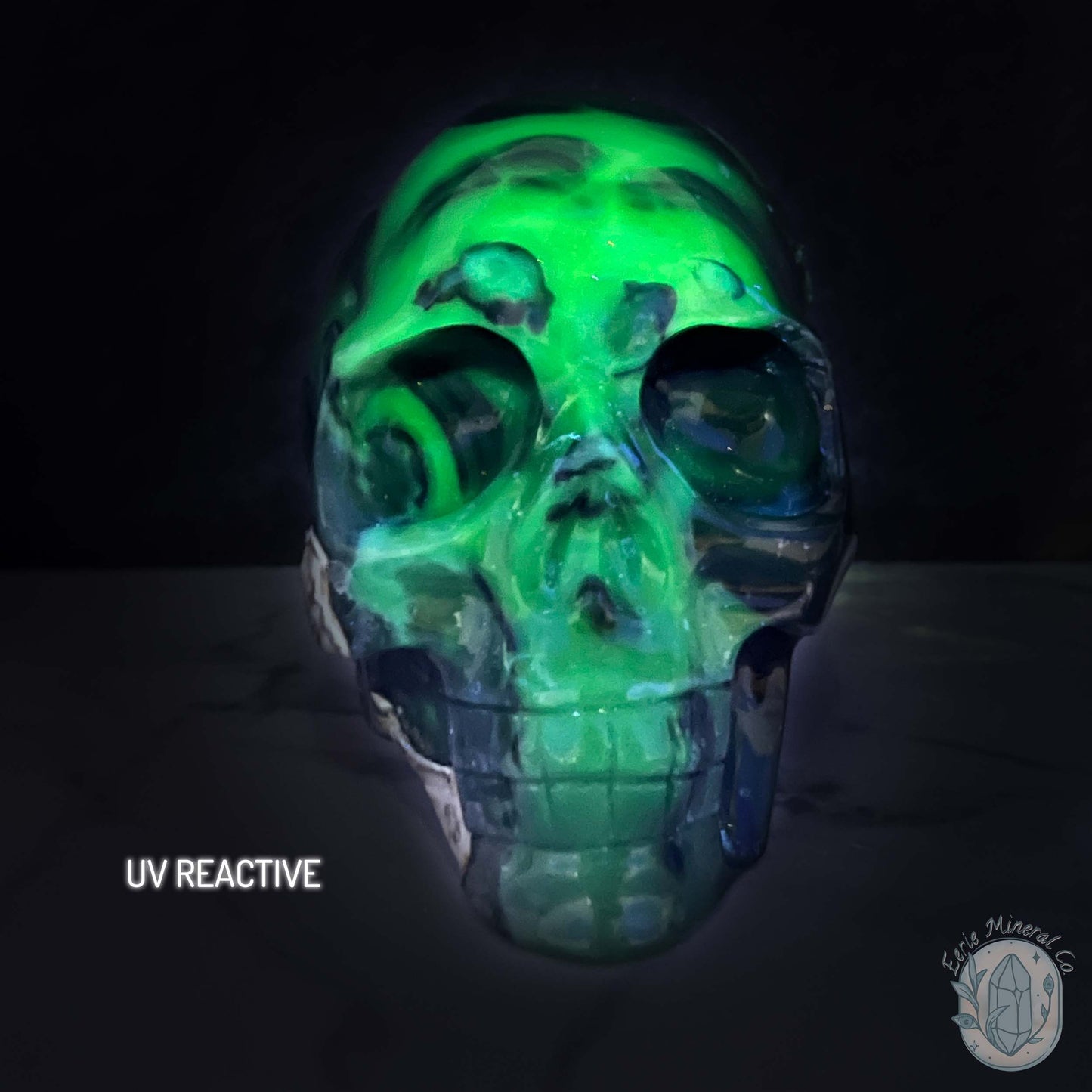 Large Green UV Reactive Agate Skull Carving