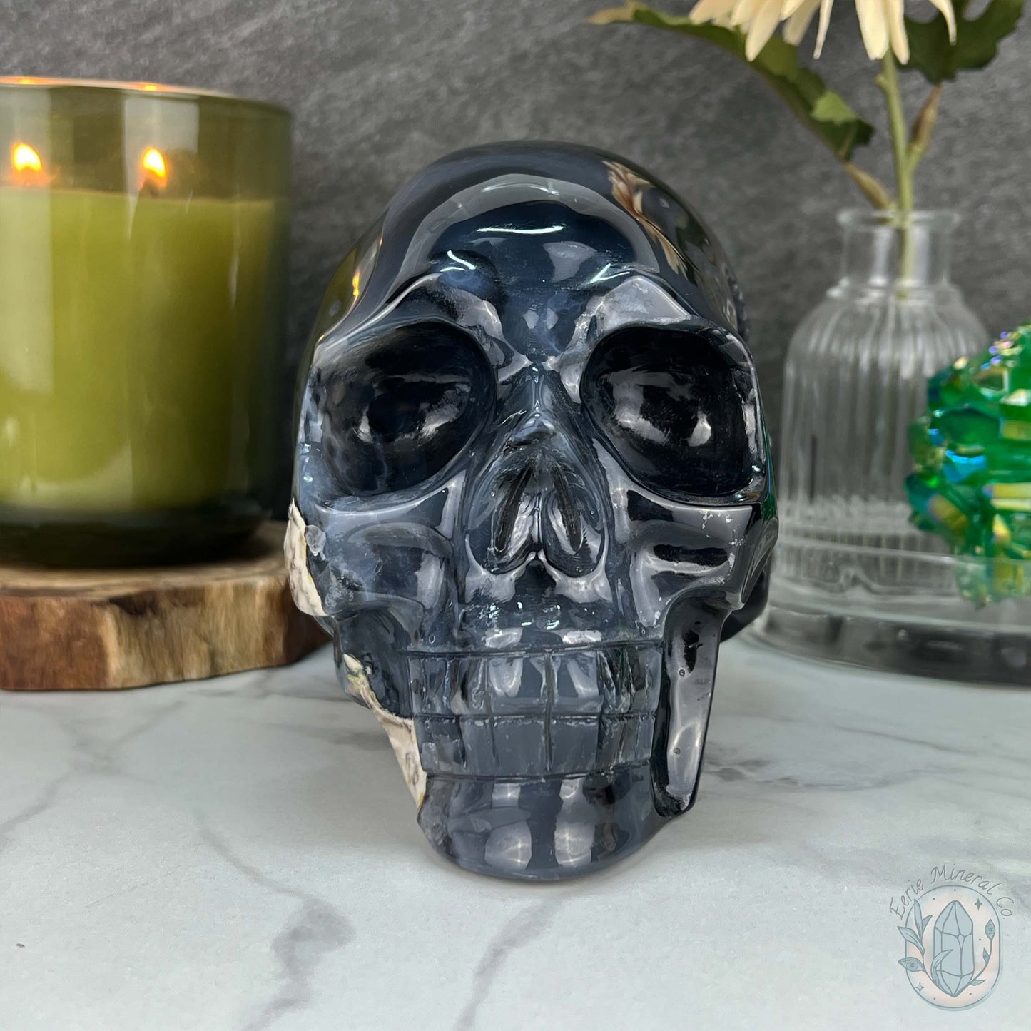 Large Green UV Reactive Agate Skull Carving