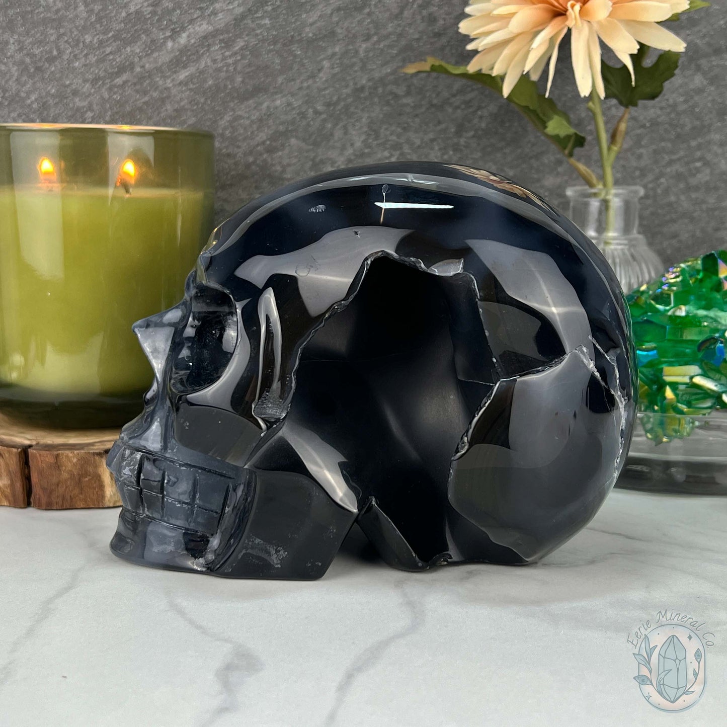Large Green UV Reactive Agate Skull Carving