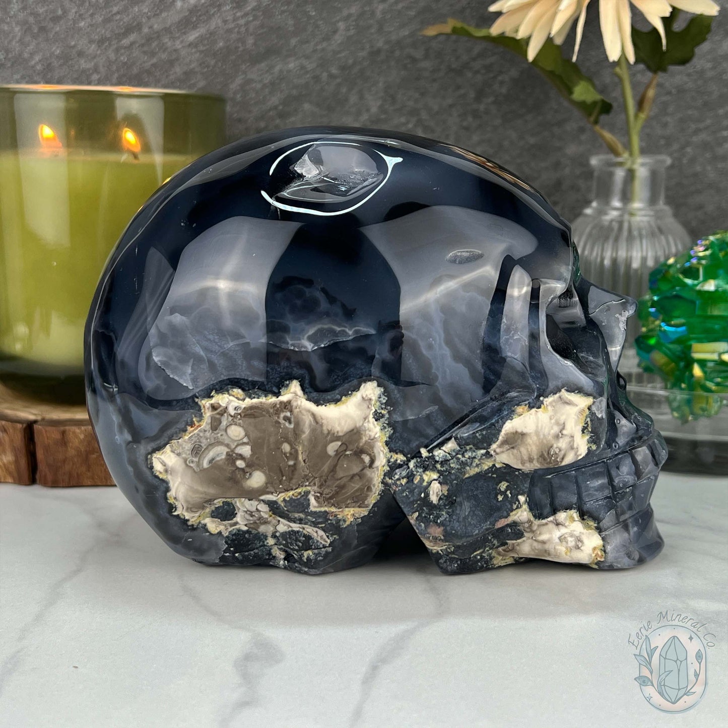 Large Green UV Reactive Agate Skull Carving