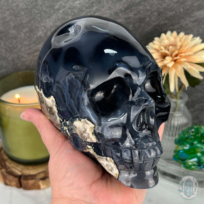 Large Green UV Reactive Agate Skull Carving