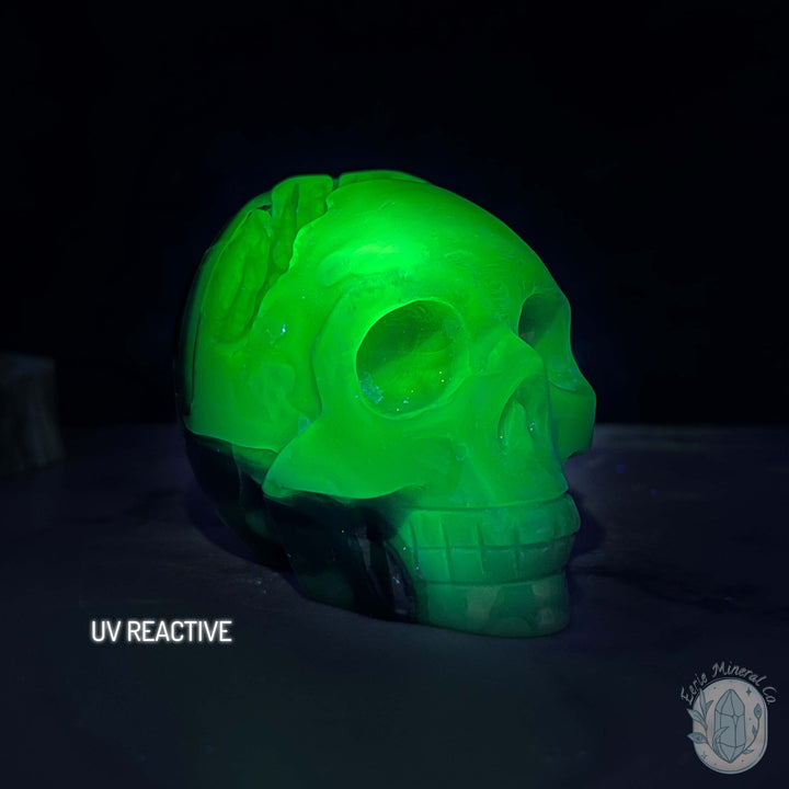 3" Polished Green UV Reactive Agate Skull Carving