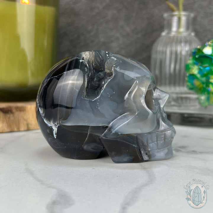 3" Polished Green UV Reactive Agate Skull Carving