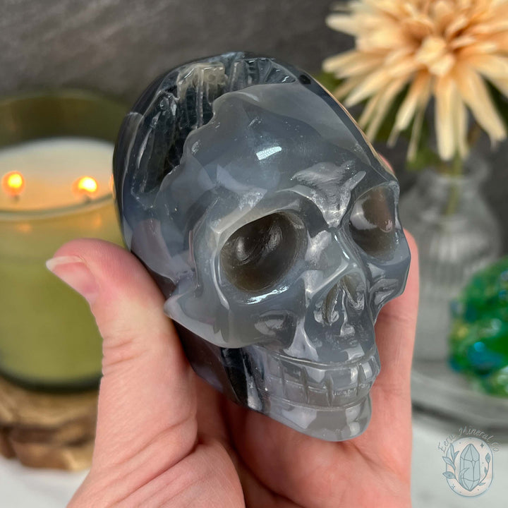 3" Polished Green UV Reactive Agate Skull Carving