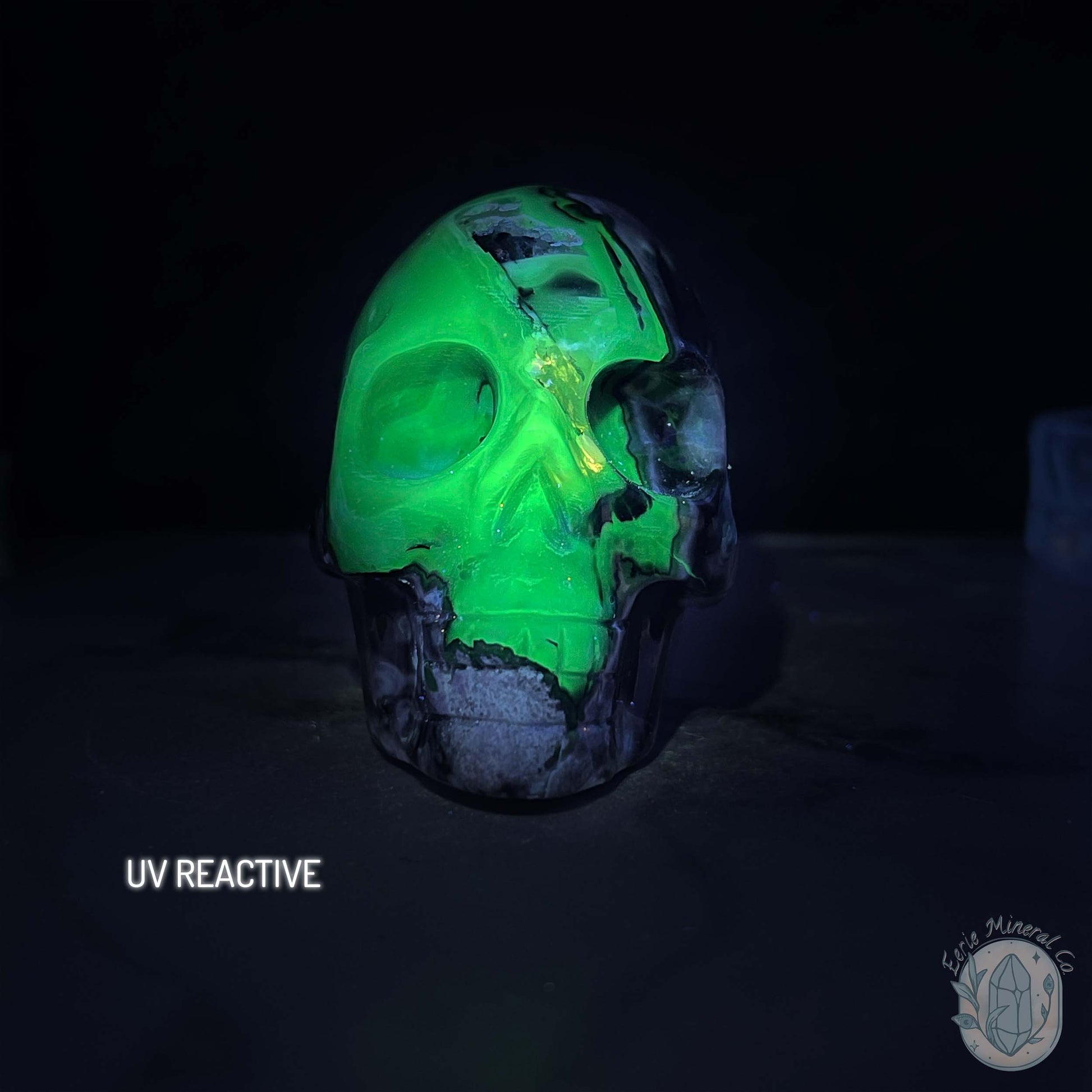3" Polished Green UV Reactive Agate Skull Carving