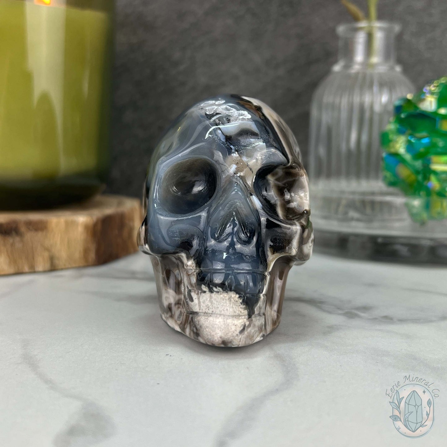3" Polished Green UV Reactive Agate Skull Carving