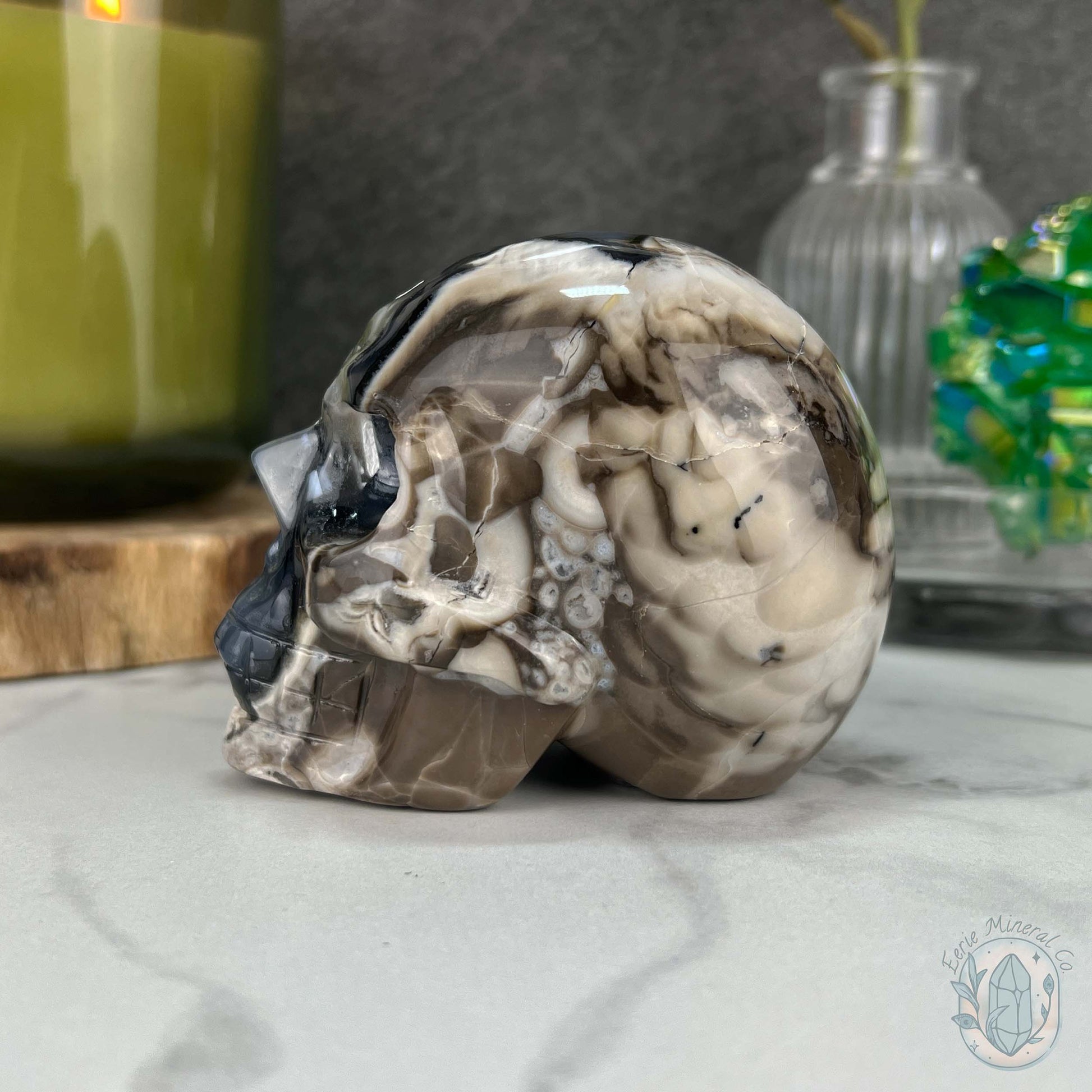 3" Polished Green UV Reactive Agate Skull Carving