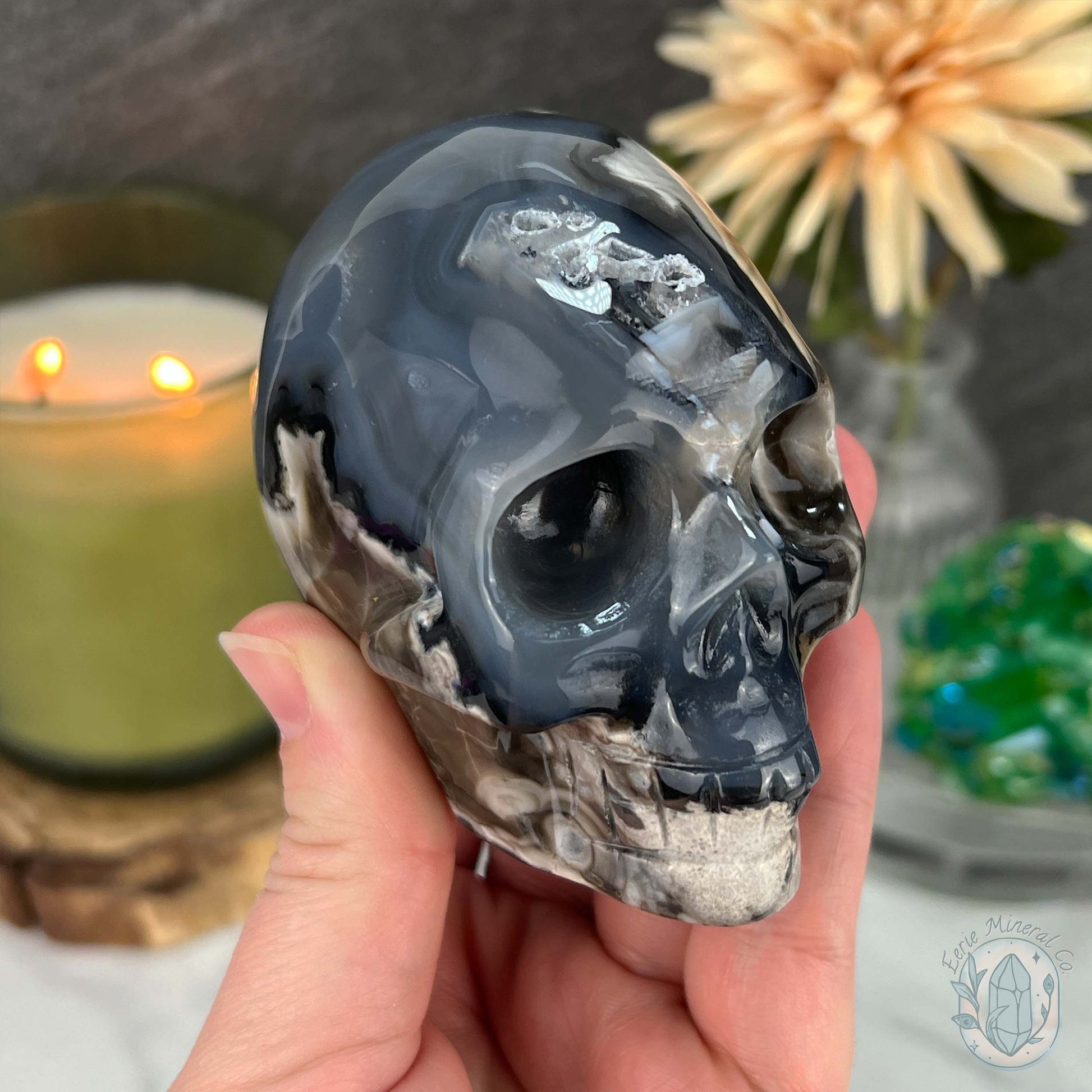 3" Polished Green UV Reactive Agate Skull Carving