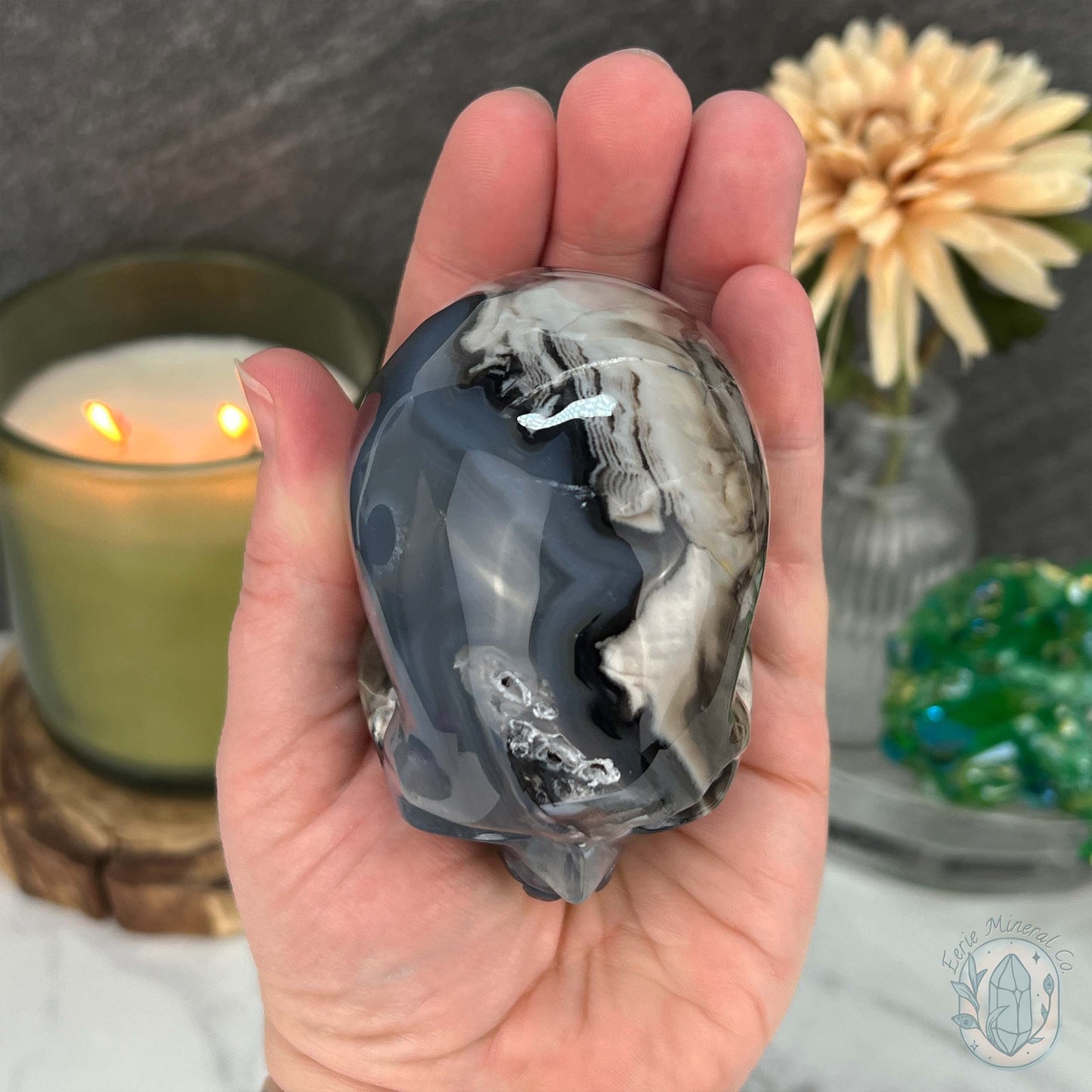 3" Polished Green UV Reactive Agate Skull Carving
