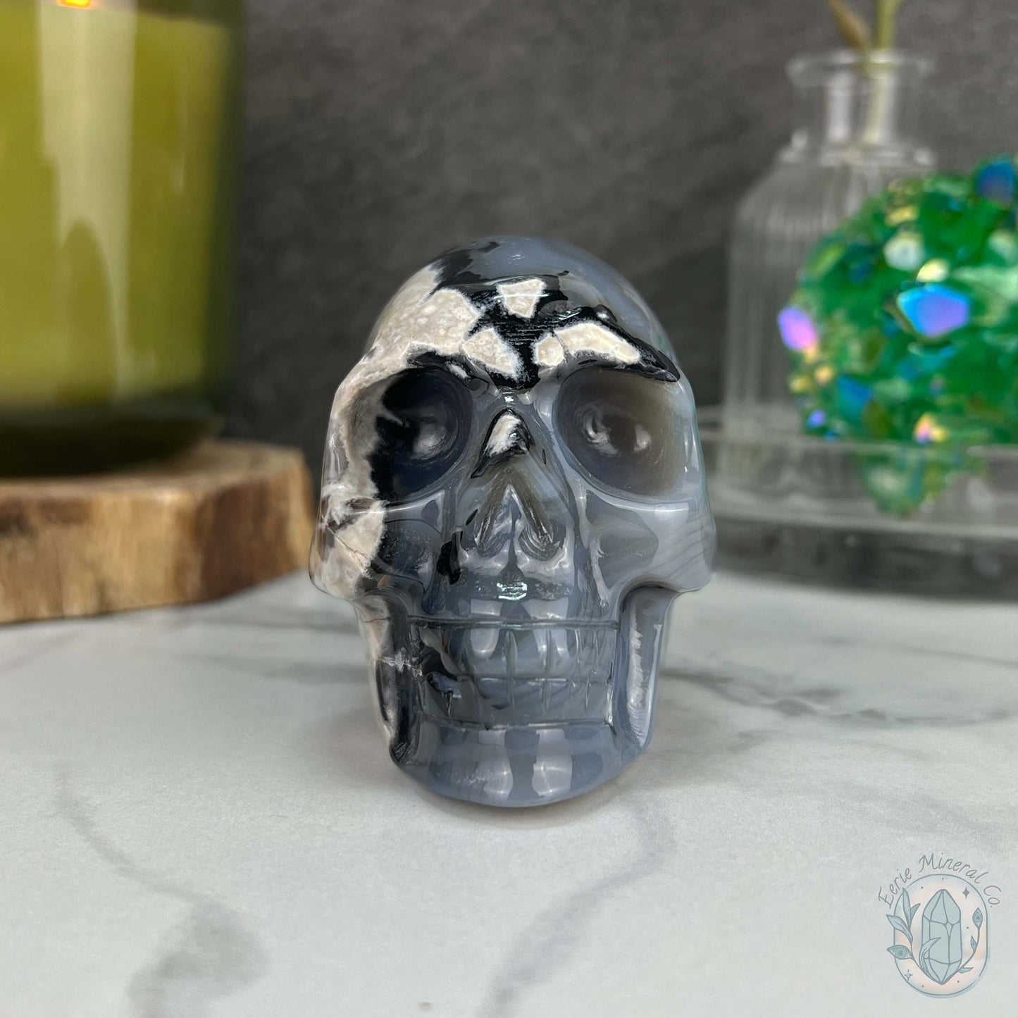 3" Polished Green UV Reactive Agate Skull Carving