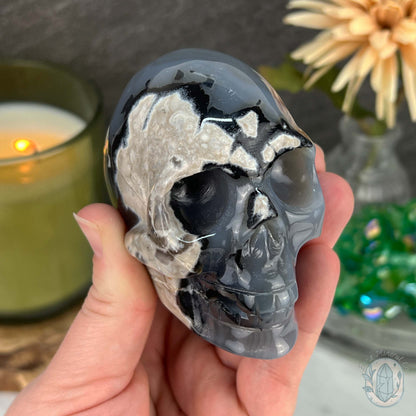3" Polished Green UV Reactive Agate Skull Carving