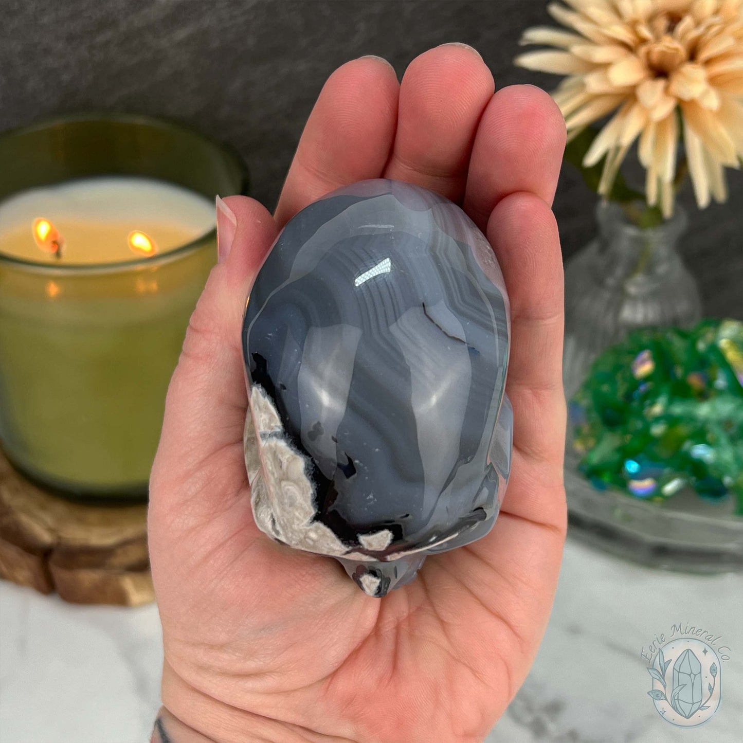 3" Polished Green UV Reactive Agate Skull Carving