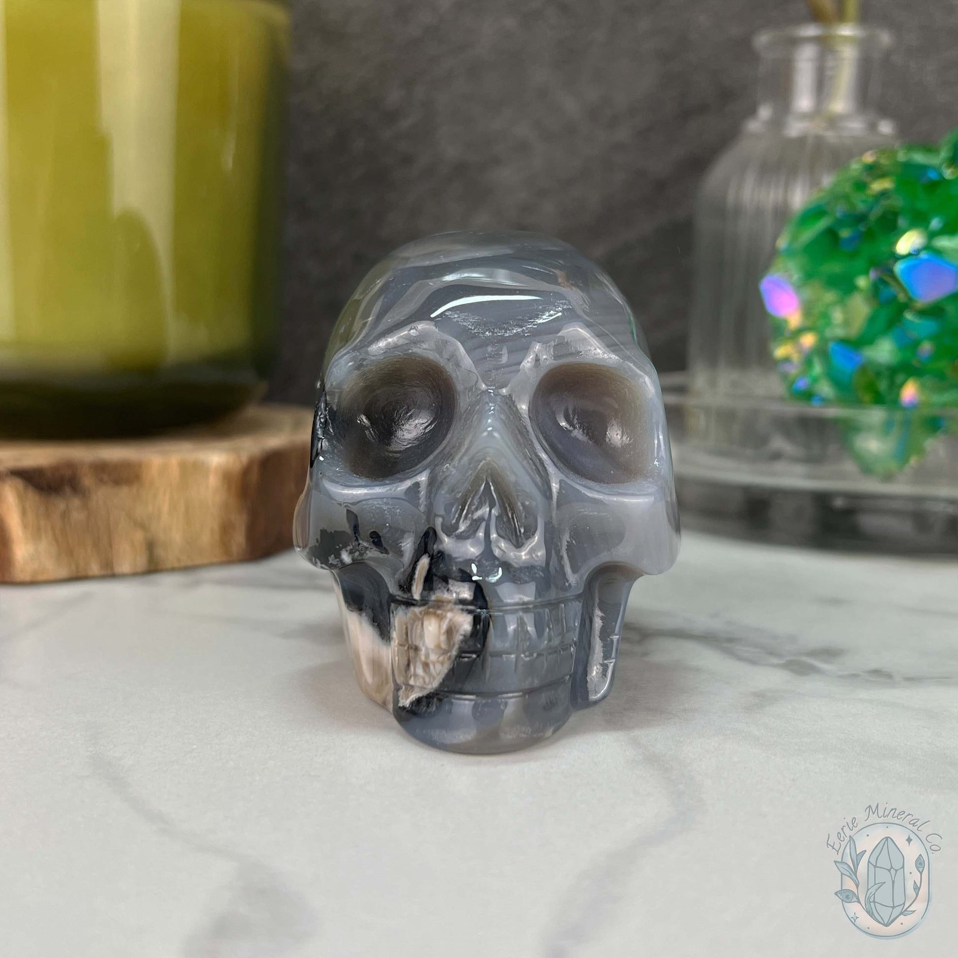 3" Polished Green UV Reactive Agate Skull Carving