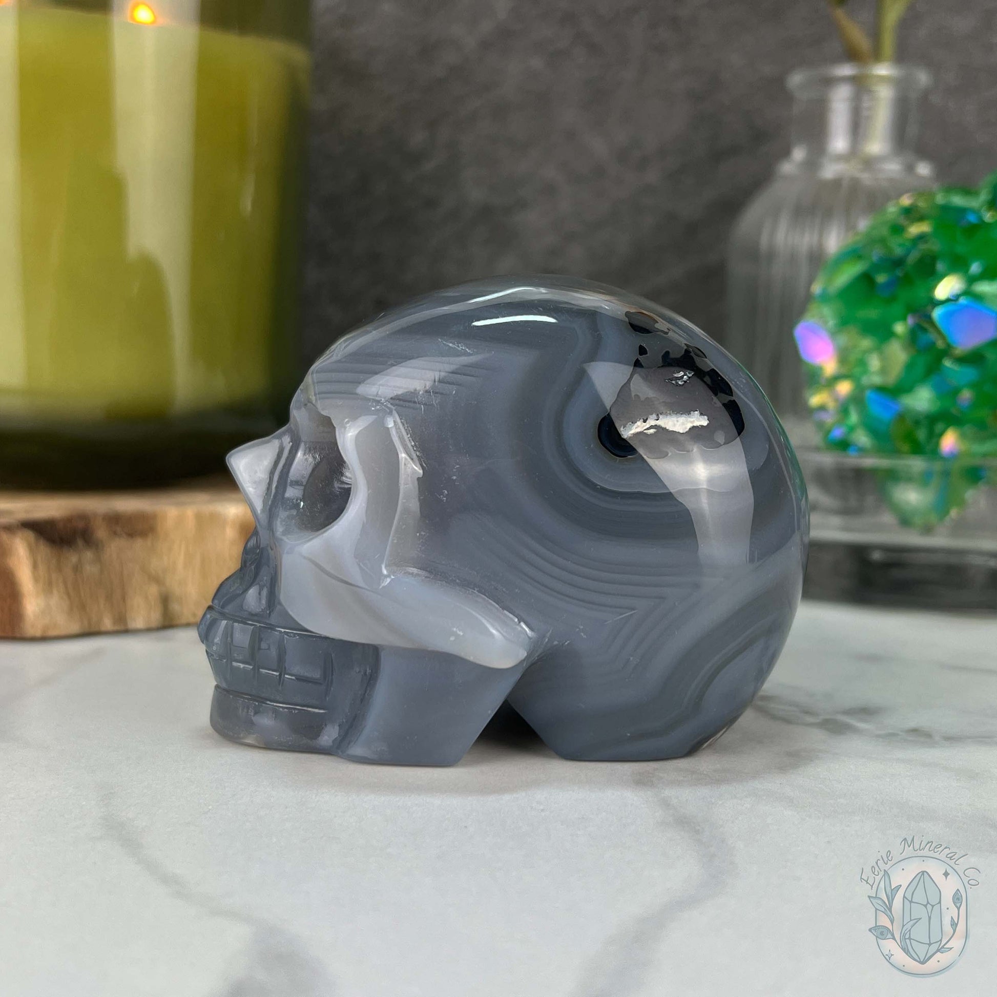 3" Polished Green UV Reactive Agate Skull Carving