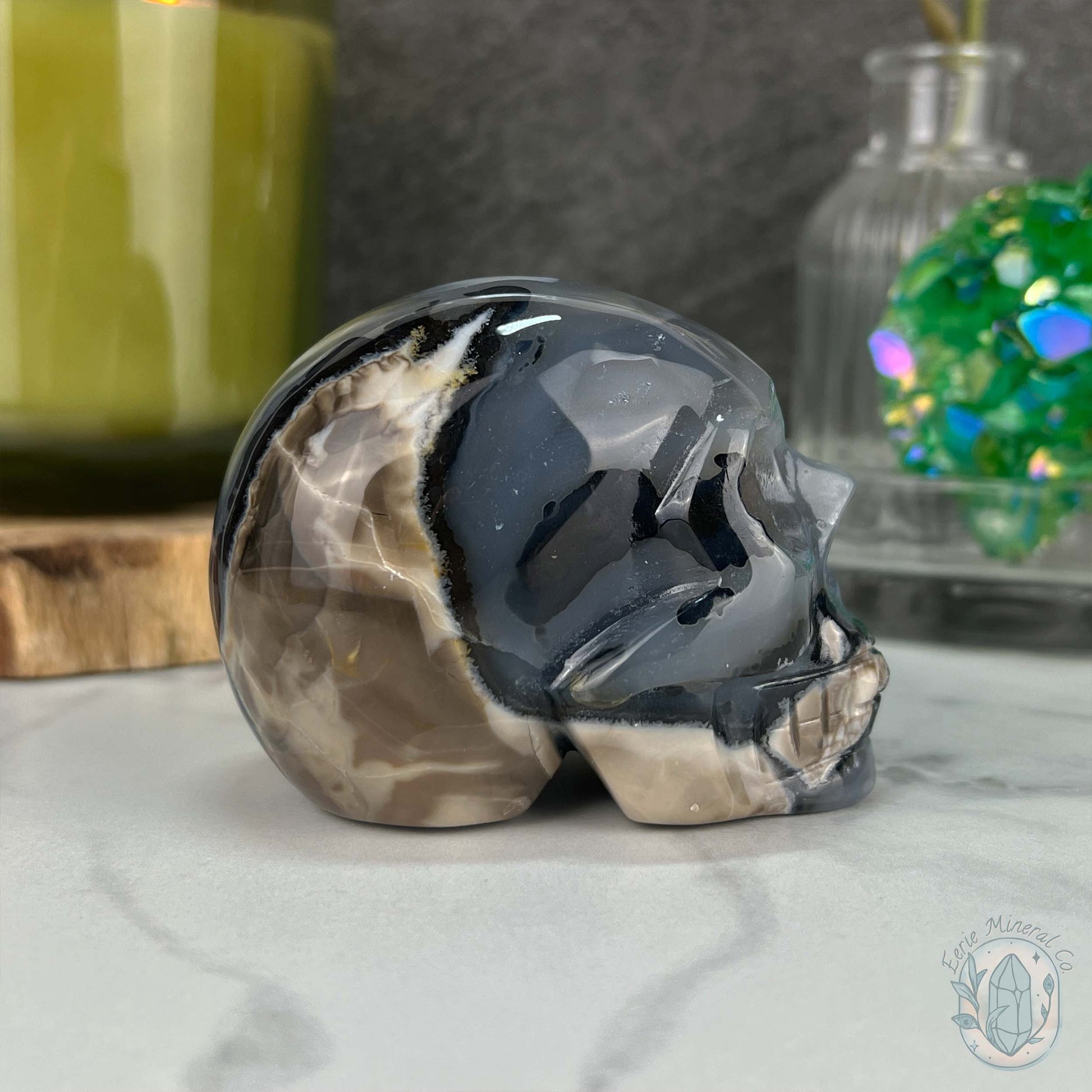 3" Polished Green UV Reactive Agate Skull Carving