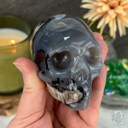 3" Polished Green UV Reactive Agate Skull Carving