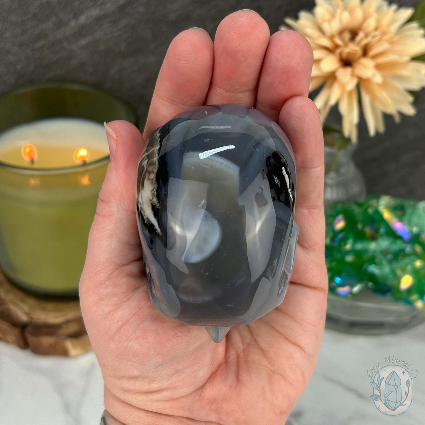 3" Polished Green UV Reactive Agate Skull Carving