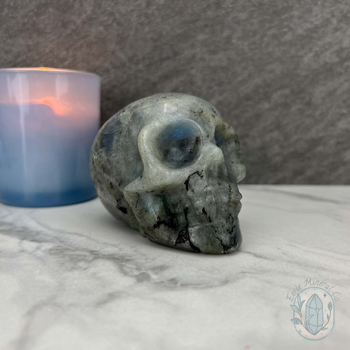 Blue Flash Labradorite Human Skull Carving