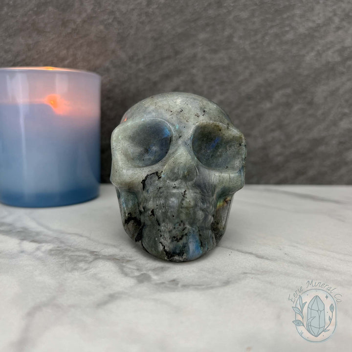 Blue Flash Labradorite Human Skull Carving