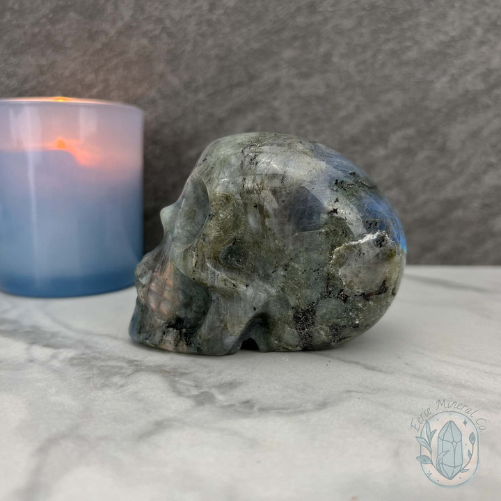 Blue Flash Labradorite Human Skull Carving