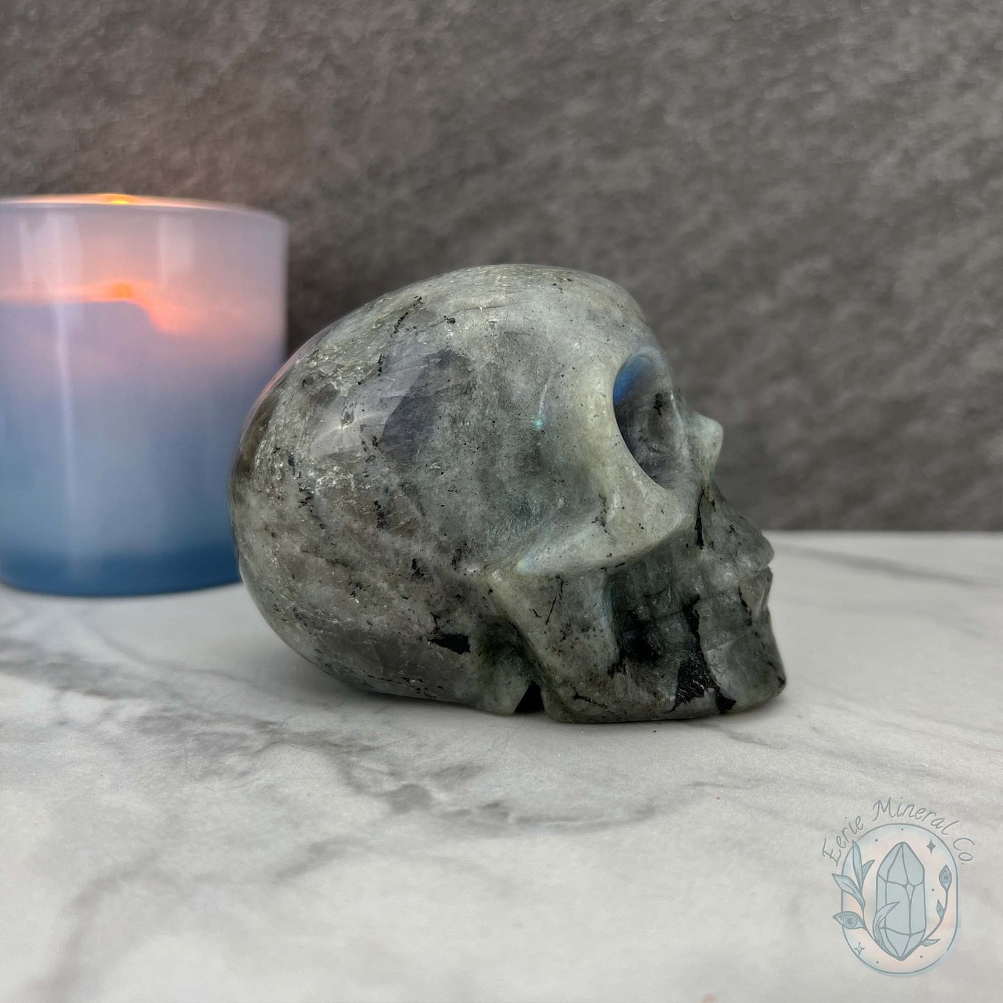 Blue Flash Labradorite Human Skull Carving