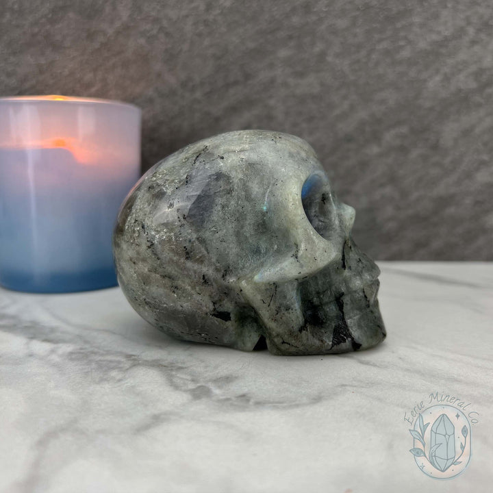 Blue Flash Labradorite Human Skull Carving