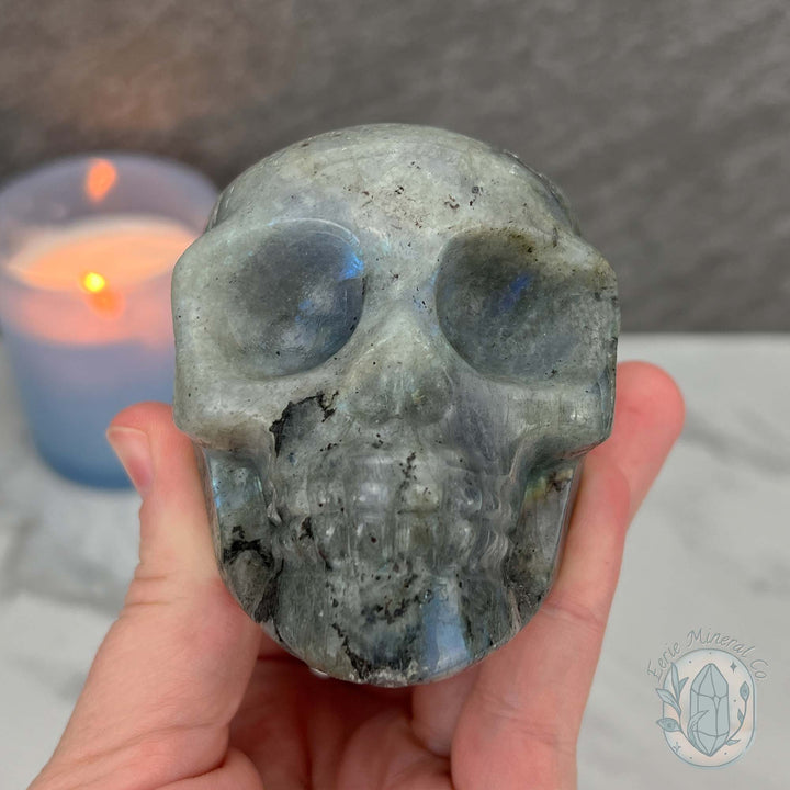 Blue Flash Labradorite Human Skull Carving