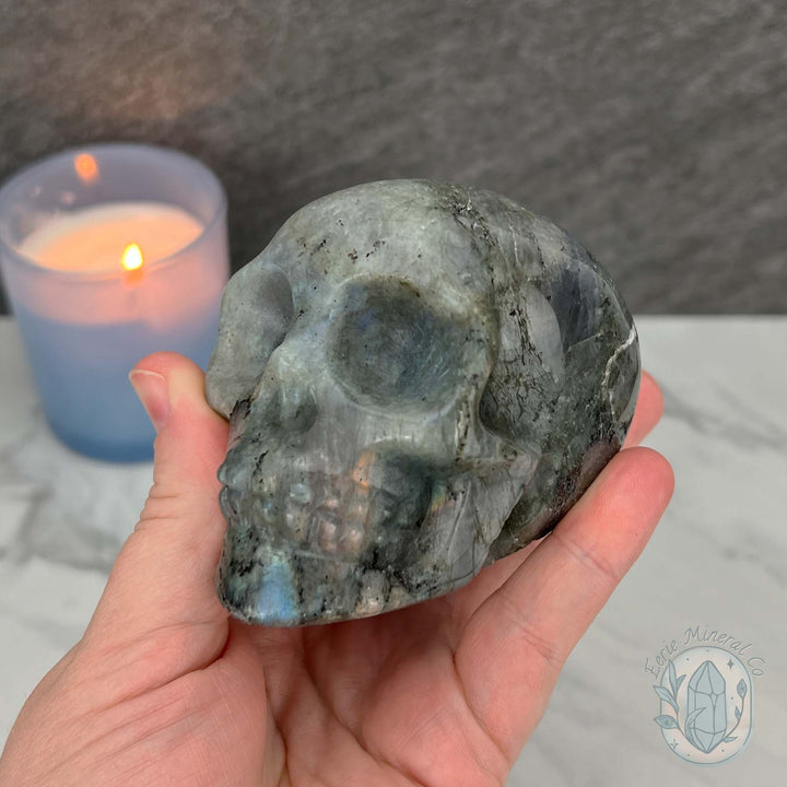 Blue Flash Labradorite Human Skull Carving