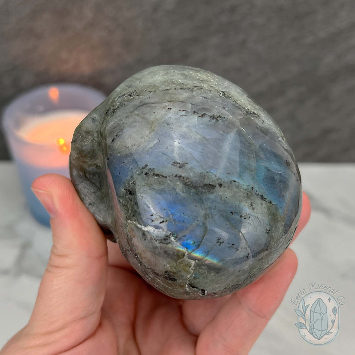 Blue Flash Labradorite Human Skull Carving