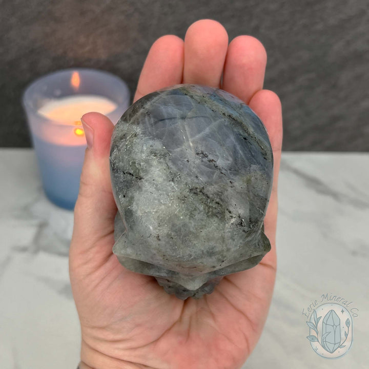 Blue Flash Labradorite Human Skull Carving