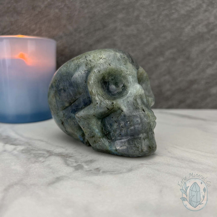 Blue Flash Labradorite Human Skull Carving