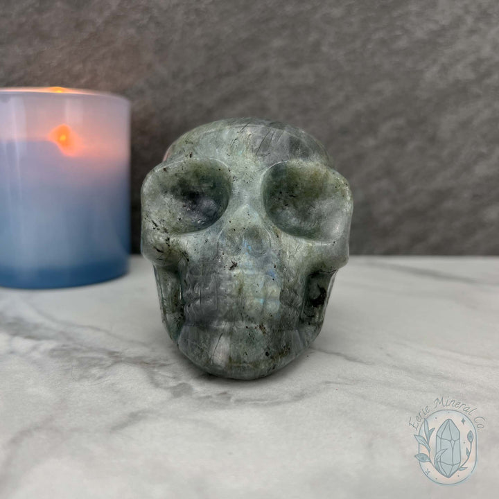 Blue Flash Labradorite Human Skull Carving