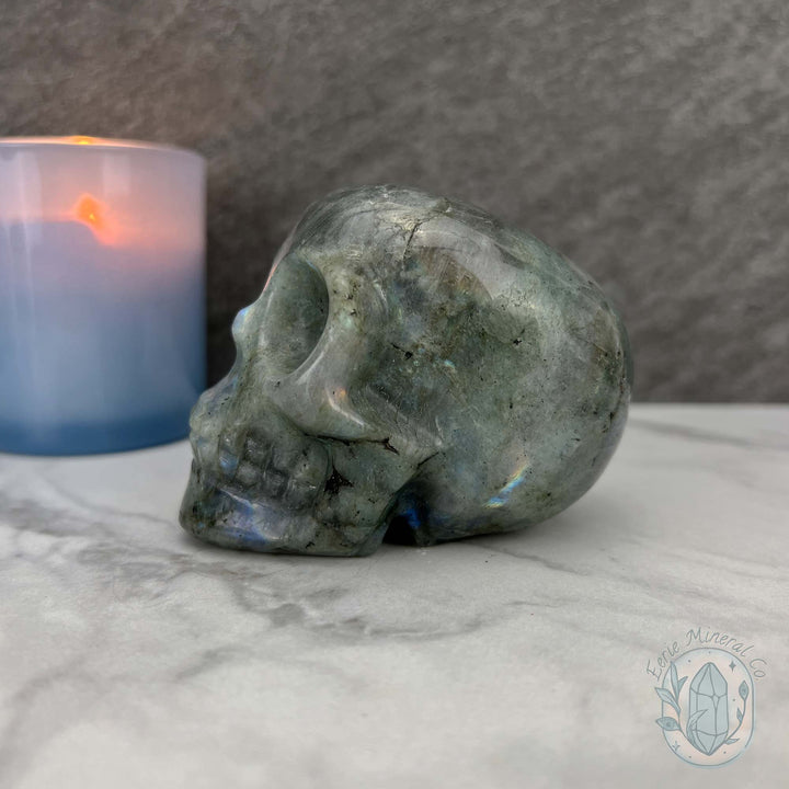 Blue Flash Labradorite Human Skull Carving