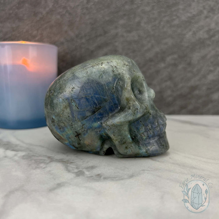 Blue Flash Labradorite Human Skull Carving