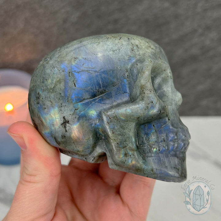 Blue Flash Labradorite Human Skull Carving