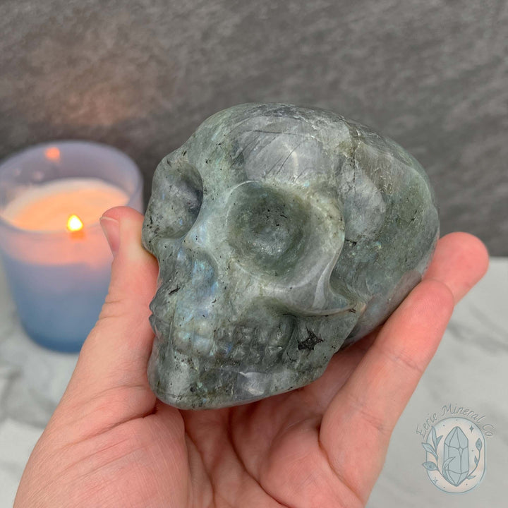 Blue Flash Labradorite Human Skull Carving