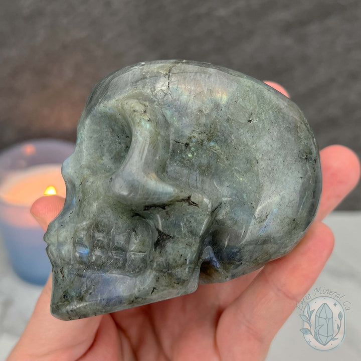 Blue Flash Labradorite Human Skull Carving